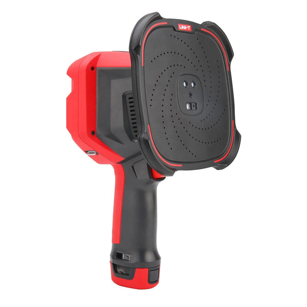 Red and black professional acoustic imager by Uni-Trend with a grip handle and circular detection pad.
