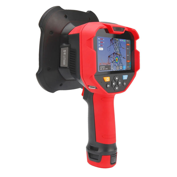 Red acoustic imager by Uni-Trend, showing a tower on its screen, with black accents and several buttons.
