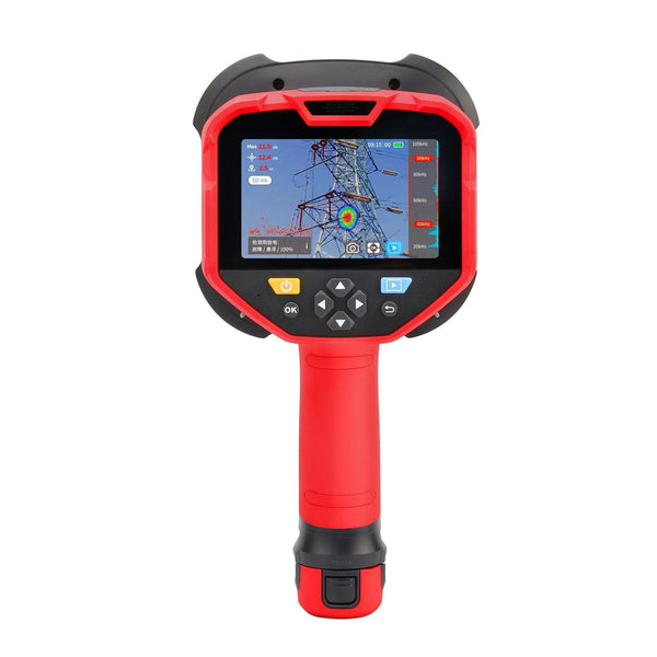 Red professional acoustic imager for precision leak detection and partial discharge analysis by Uni-Trend, showing a power tower on its display.
