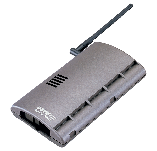 Gray wireless weather envoy by Davis Instruments with a black antenna extending from the top.