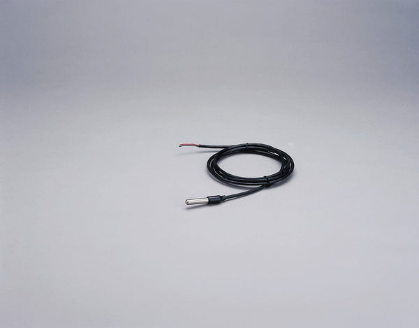 Stainless steel temperature probe by Davis Instruments with black cabling and two-wire termination.