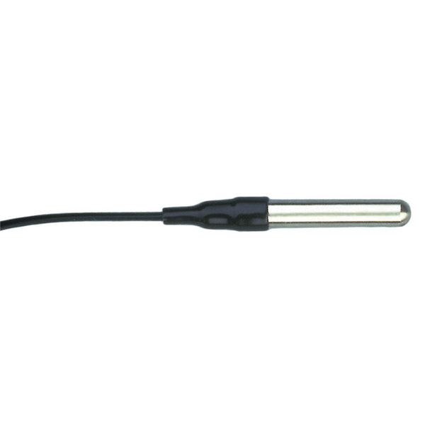 Stainless steel temperature probe with two-wire termination by Davis Instruments, showing a shiny metal tip with black wire.