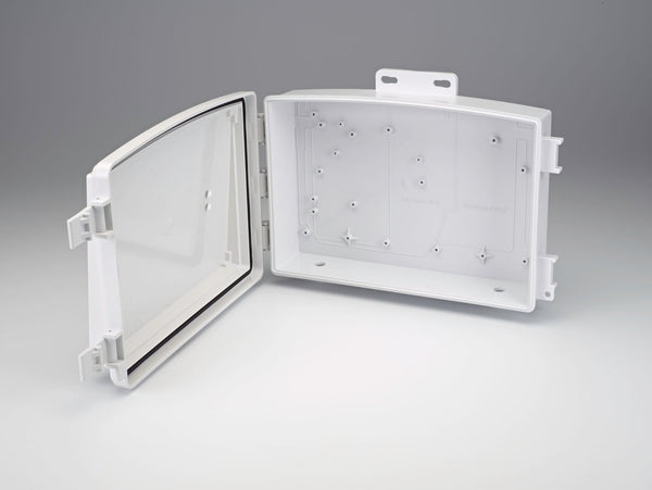 White universal shelter by Davis Instruments with an open door showing the mounting structure.