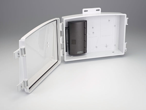 White universal shelter accessory by Davis Instruments, with door open, and an internal device.