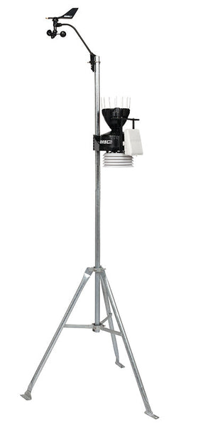 Cabled weather station by Davis Instruments on a silver tripod with anemometer and rain collector.
