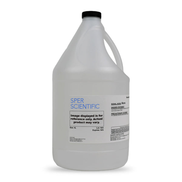 Calibration solution by Sper Scientific in a clear jug with black cap, displaying product information.