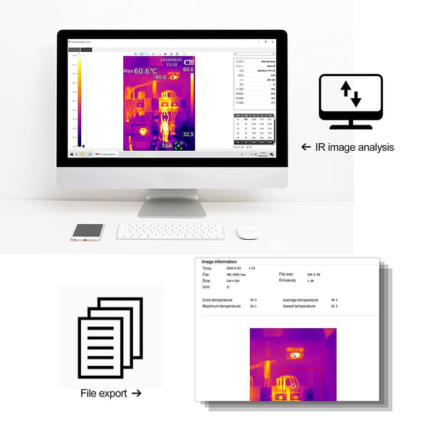 Computer monitor displaying thermal imaging software with file export and IR image analysis icons.