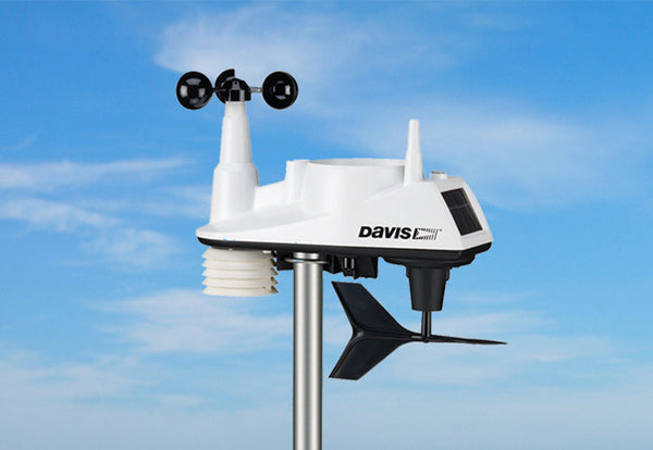 White weather station by Davis Instruments with wind speed sensor, solar panel, and rain collector.