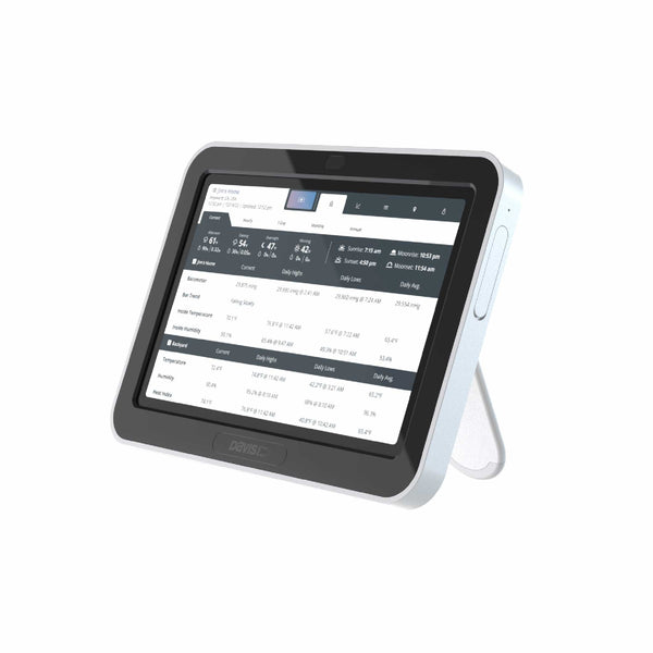Wireless weather station by Davis Instruments with a digital display showing temperature and weather conditions.
