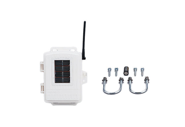 White solar-powered wireless sensor transmitter by Davis Instruments with antenna and mounting hardware on a white background.