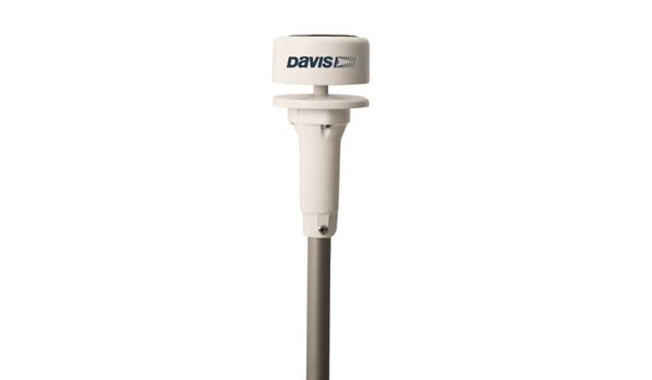 Ultrasonic wind sensor by Davis Instruments with a white body and gray pole.