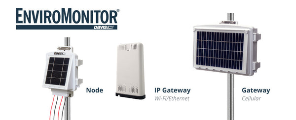 EnviroMonitor data collection node by Davis Instruments, with solar panel, mounted on a metal pole.
