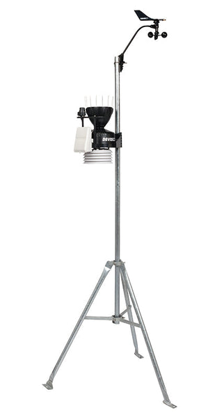 Cabled sensor suite weather station by Davis Instruments on a silver tripod base.