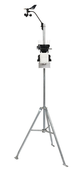 Complete weather station by Davis Instruments with an anemometer on top and a sturdy, tripod base.
