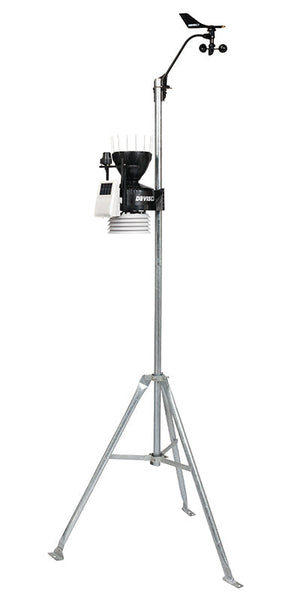 Weather station sensor suite by Davis Instruments on a silver metal tripod stand.