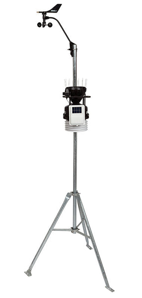 Wireless weather station by Davis Instruments with anemometer, rain collector, and solar sensor, supported by a metal tripod.