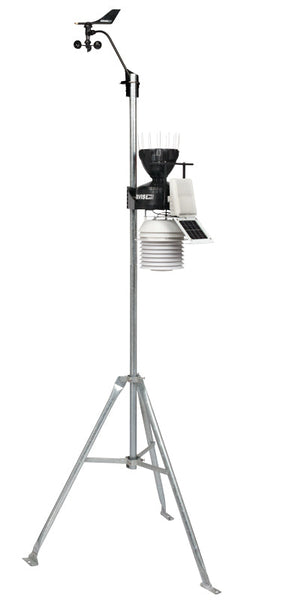 Weather station with 24-hour fan-aspirated radiation shield by Davis Instruments atop a metal tripod stand.