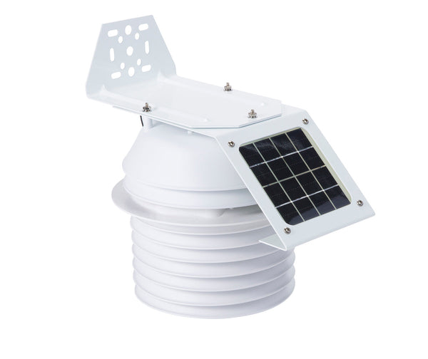 White fan-aspirated radiation shield by Davis Instruments with a solar panel attached.