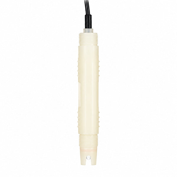 Industrial PTFE pH and temperature sensor with cable and dual NPT threads on a white background