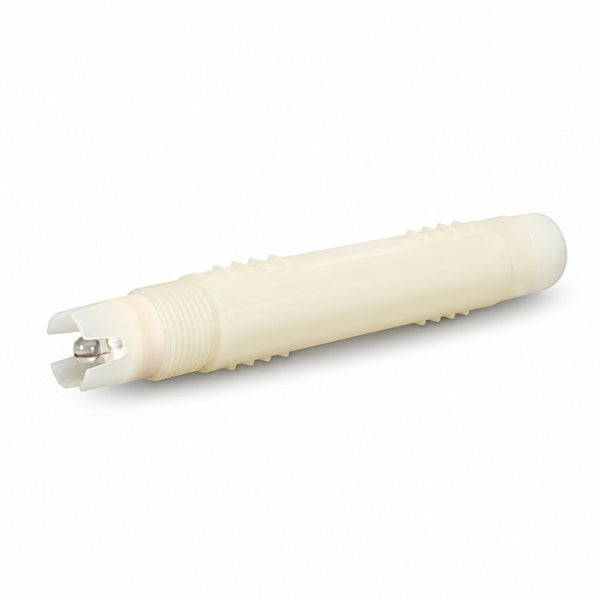 Close angled view of the pH sensor glass bulb and protective tip guard