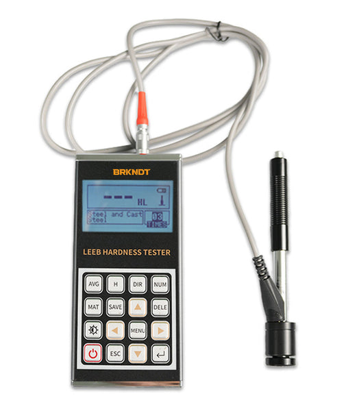 A handheld BRK Leeb hardness tester with a blue backlit LCD screen, and attached probe.
