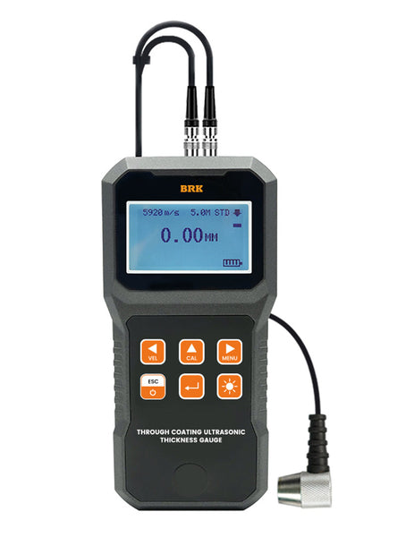 Gray ultrasonic thickness gauge by BRK, displaying a digital reading with connected probe cables.

