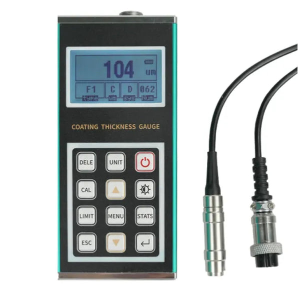 Coating thickness gauge by BRK with a digital screen and various buttons, along with two wired probes.