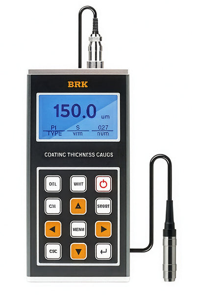 Coating thickness gauge by BRK with digital display, multiple buttons, and corded metal probe.