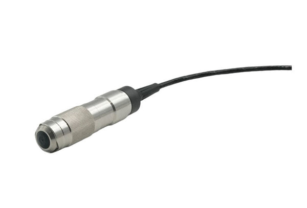Eddy current probe for coating thickness gauge by BRK with a metallic finish and a black cable.