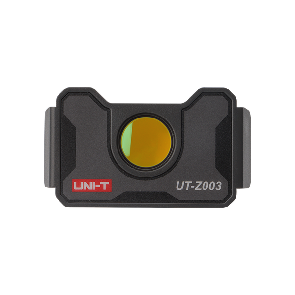 Thermal imager macro lens by Uni-Trend, showcasing a circular yellow lens within a rectangular black frame.