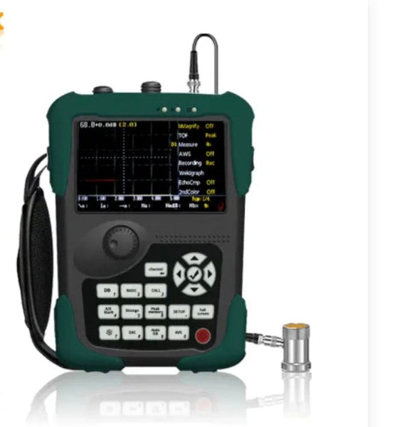 Digital ultrasonic flaw detector from BRK, featuring a green and gray case, button controls, and a display screen showing a waveform.
