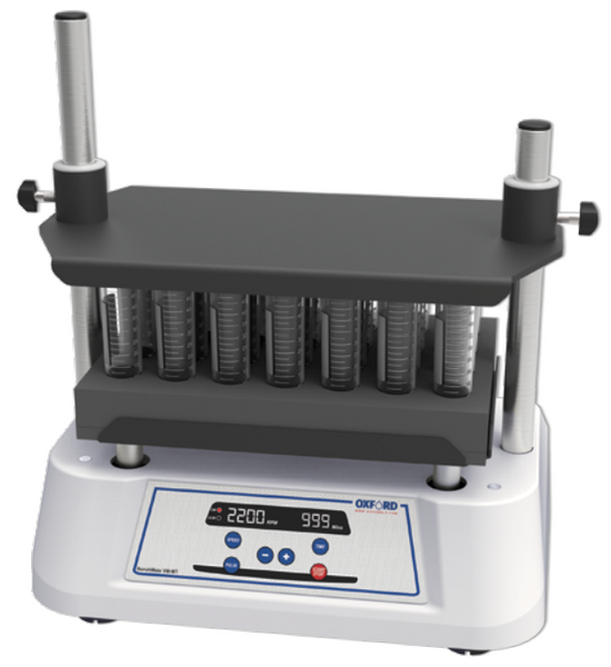Laboratory mixer by Oxford Lab Products featuring a tube rack and digital display on a white base.