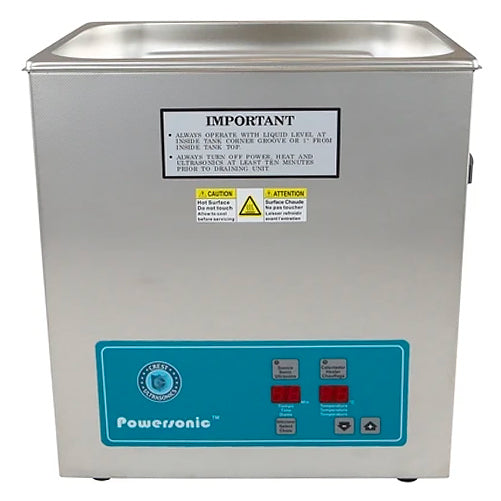 Benchtop ultrasonic cleaner by Crest Ultrasonics, featuring a stainless steel tank and a blue control panel.