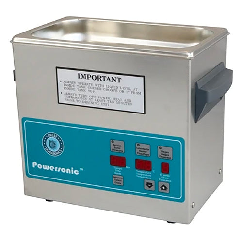Benchtop ultrasonic cleaner by Crest Ultrasonics with a stainless steel finish and a control panel.
