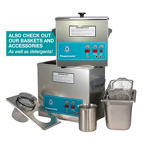 Stainless steel benchtop ultrasonic cleaner by Crest Ultrasonics with two stacked tanks, control panels, accessories and various attachments.