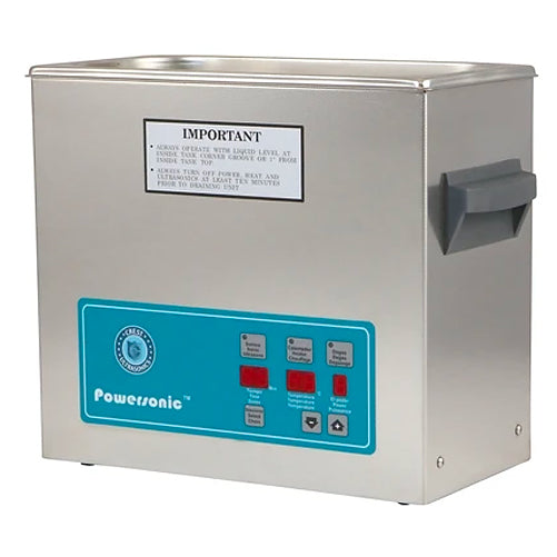 Stainless steel benchtop cleaner tank from Crest Ultrasonics, featuring a blue control panel and gray handles.
