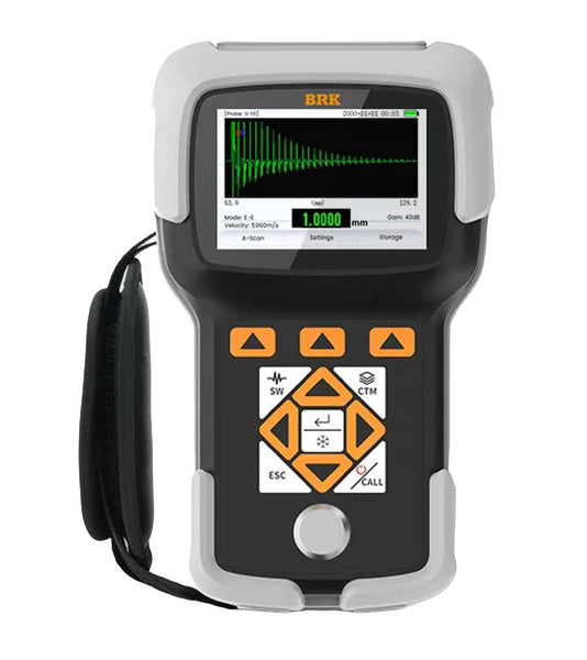 Ultrasonic precision thickness gauge by BRK, showing a reading and button controls on a handheld device.
