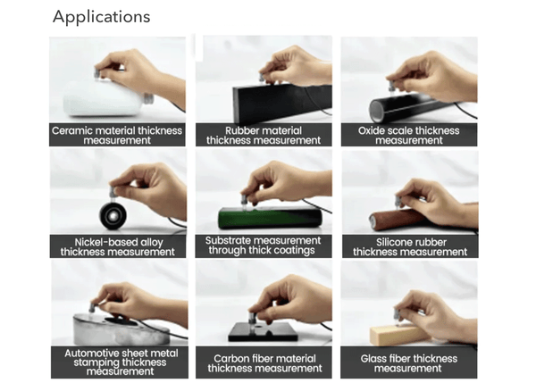 Ultrasonic precision thickness gauge by BRK demonstrating applications on various materials in different scenarios.