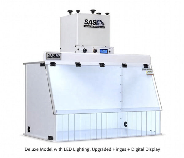 Sentry Air Deluxe Ductless Fume Hood with LED lighting, upgraded hinges, vinyl curtains, and digital display.