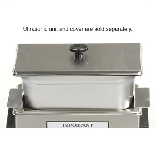 Stainless steel auxiliary pan by Crest Ultrasonics with a matching lid and a black knob.