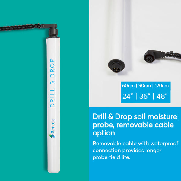 Soil moisture probe, Drill & Drop by Davis Instruments, with removable black cable and waterproof connection.