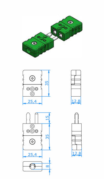 Green standard thermocouple and RTD plug by Pyromation, shown with dimensional diagrams.