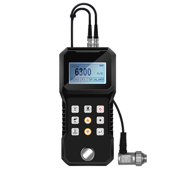 Handheld Ultrasonic Thickness Gauge by BRK with a blue LCD screen and a connected ultrasonic sensor.