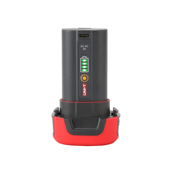 Li-ion battery for UNI-T E/V/H series thermal imaging camera by Uni-Trend, shown with charge indicator.