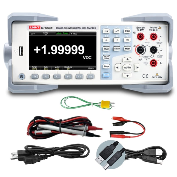 UNI-T UT8805E Performance-Series Bench Digital Multimeter with cables and accessories.