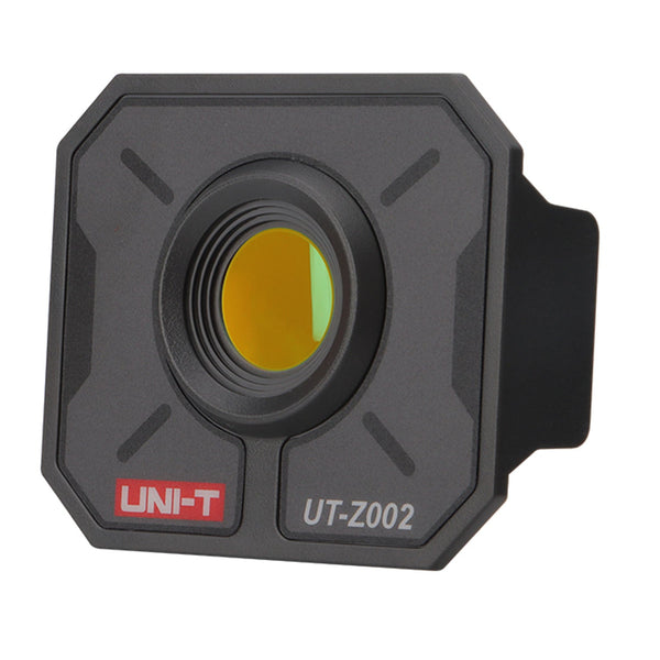 High precision macro thermal imager lens by Uni-Trend, featuring a black outer casing and a yellow interior lens.