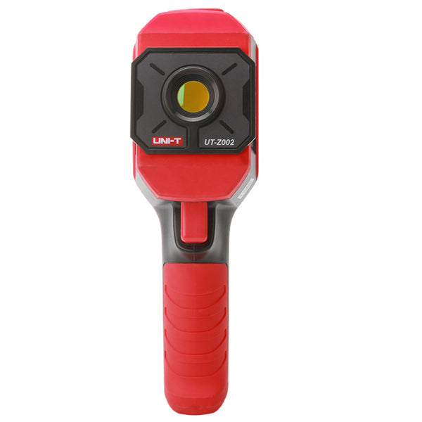 Red thermal imager with macro lens by Uni-Trend, featuring a textured handle and black lens frame.