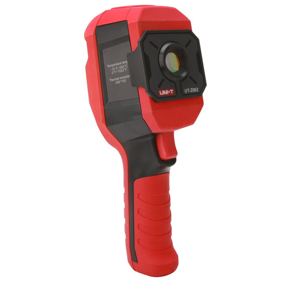 Red and black thermal imaging camera by Uni-Trend showing the lens and display screen.