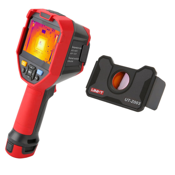 Red and black thermal imaging camera with macro lens by Uni-Trend, shown with temperature display and control buttons.