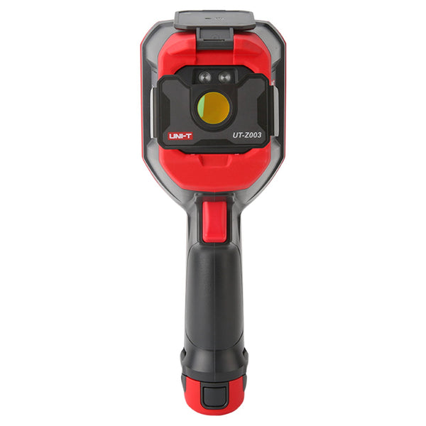 High precision thermal imager with macro lens by Uni-Trend, featuring a red and black design with a yellow lens.